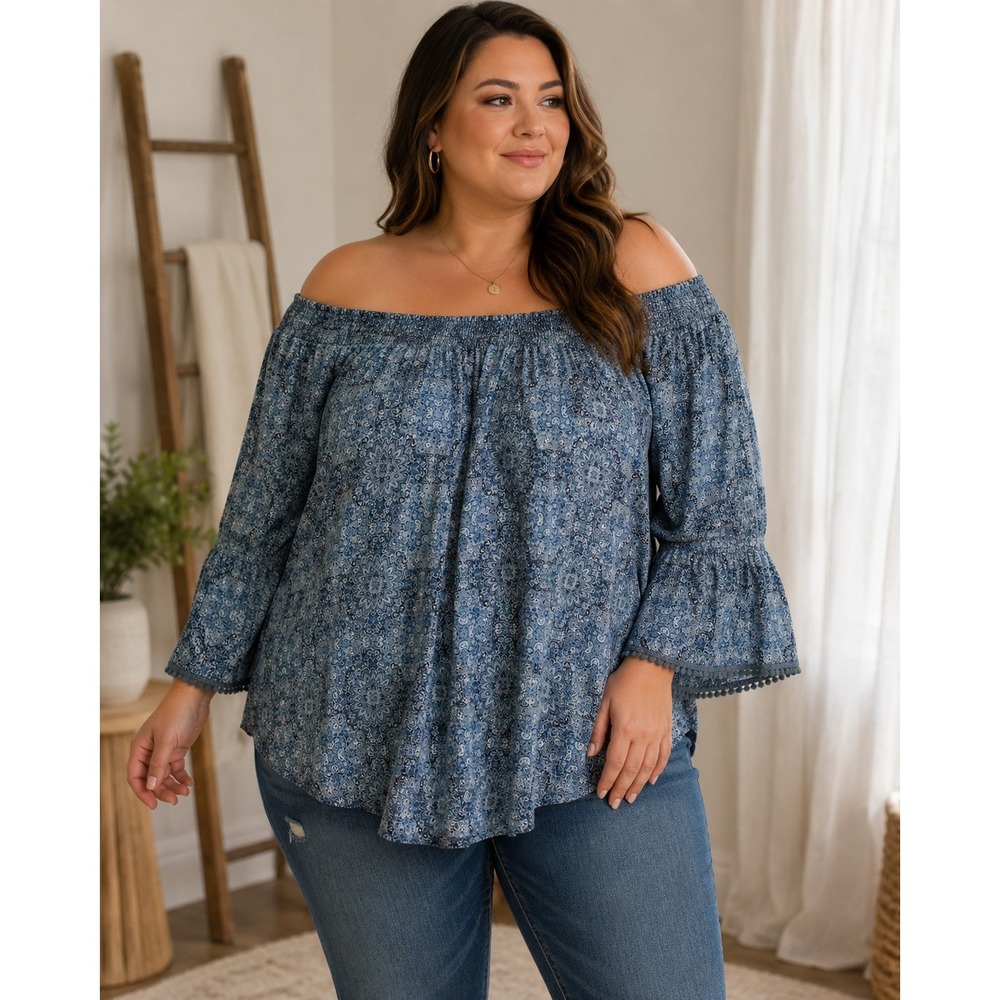 Westport 1962 Women 2X Blue Paisley‎ Off Shoulder Bell Sleeve Pom Trim Blouse